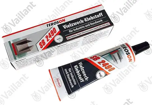 Tubenförmiger Klebstoff der Marke Vaillant in einer weißen Verpackung mit rotem und schwarzem Design, beschriftet mit Produktdetails und Anwendungsinformationen.